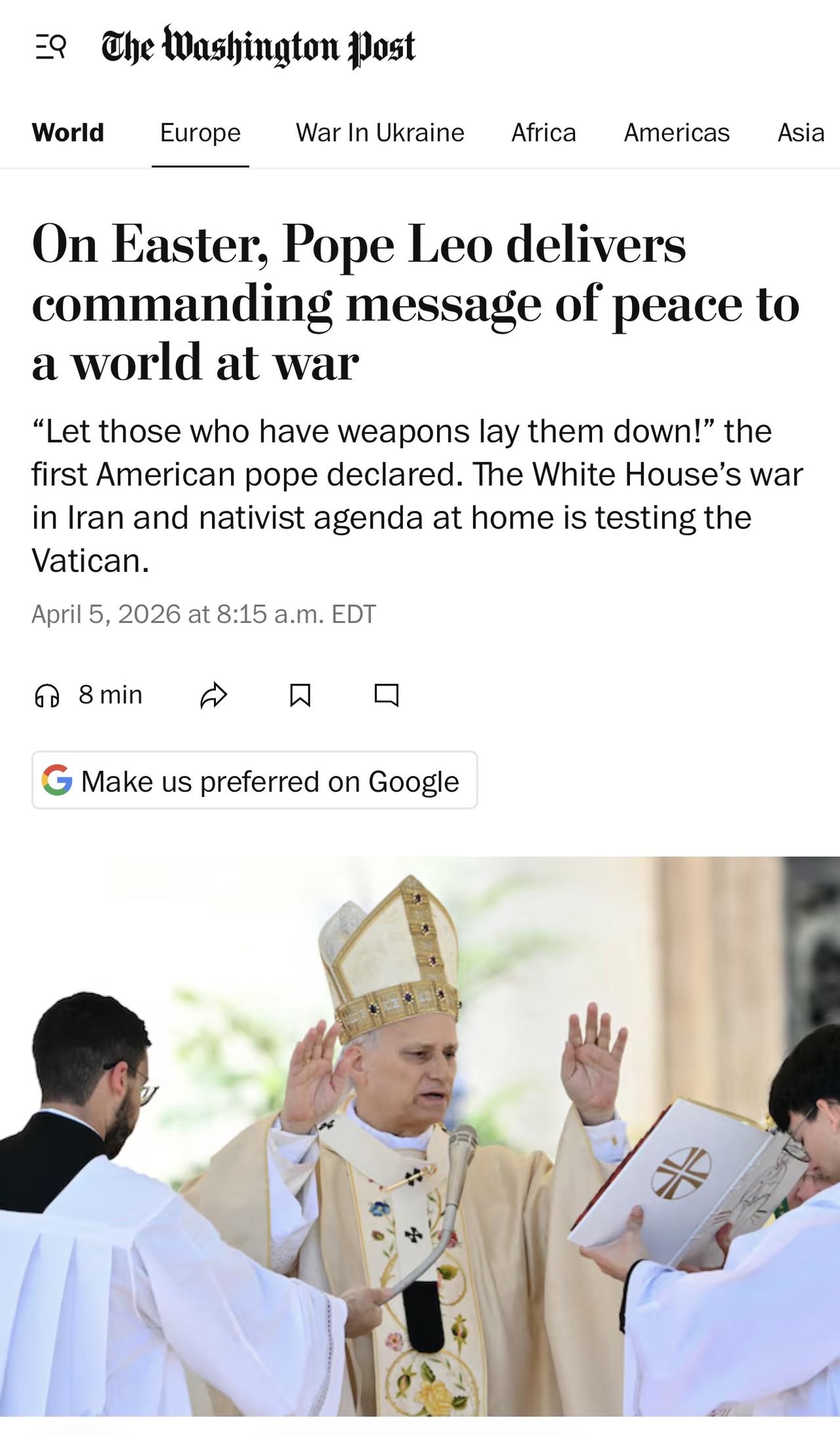 教宗利奥十四世在复活节的第一次讲话中，在战乱重燃之际，发出了响亮的和平呼吁，他宣