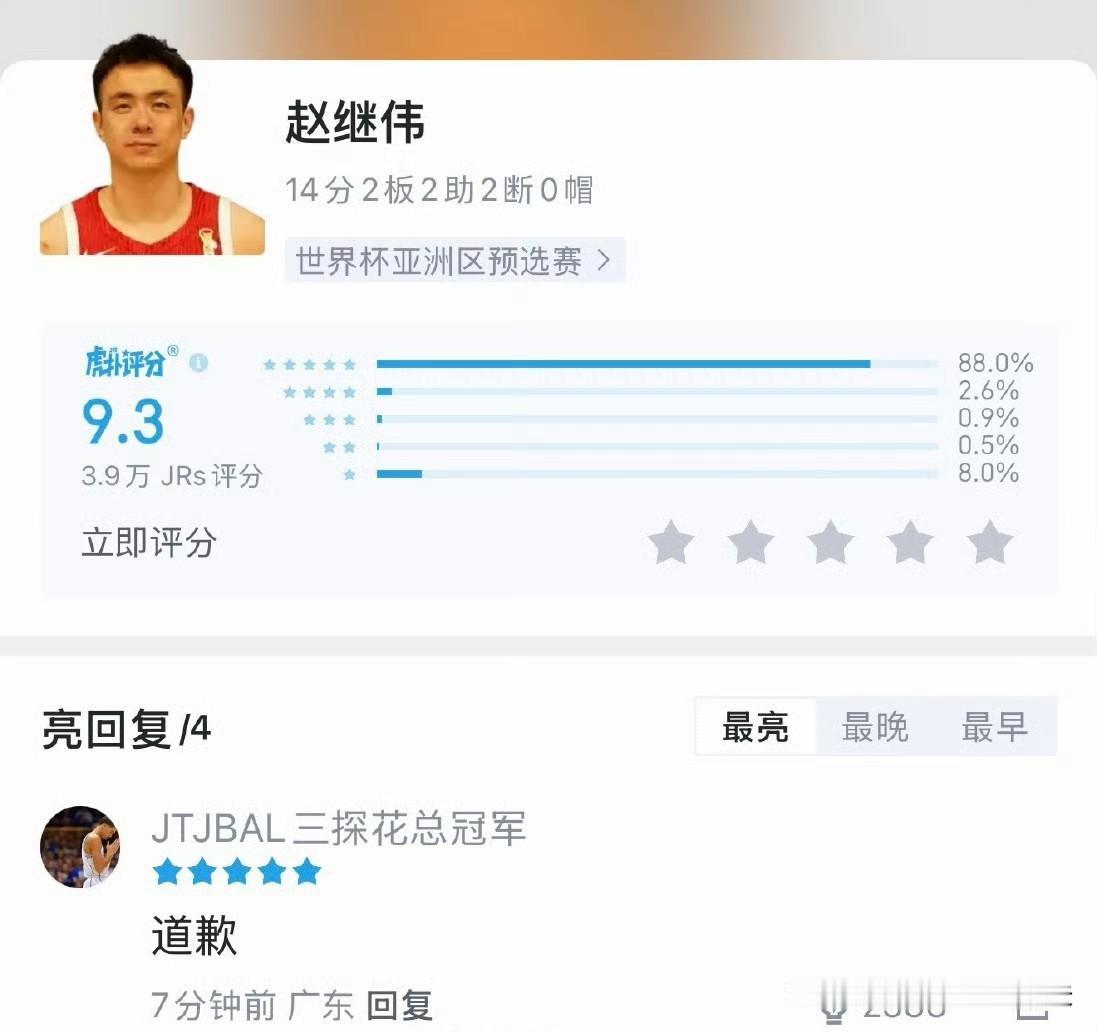 广东宏远球迷赛后向赵继伟发来贺电，顺便道歉，有图为证，打日本，赵继伟替补出场17