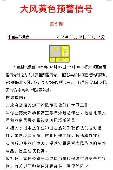 平邑气象台22：45分发布大风预警信号，请注意防范！