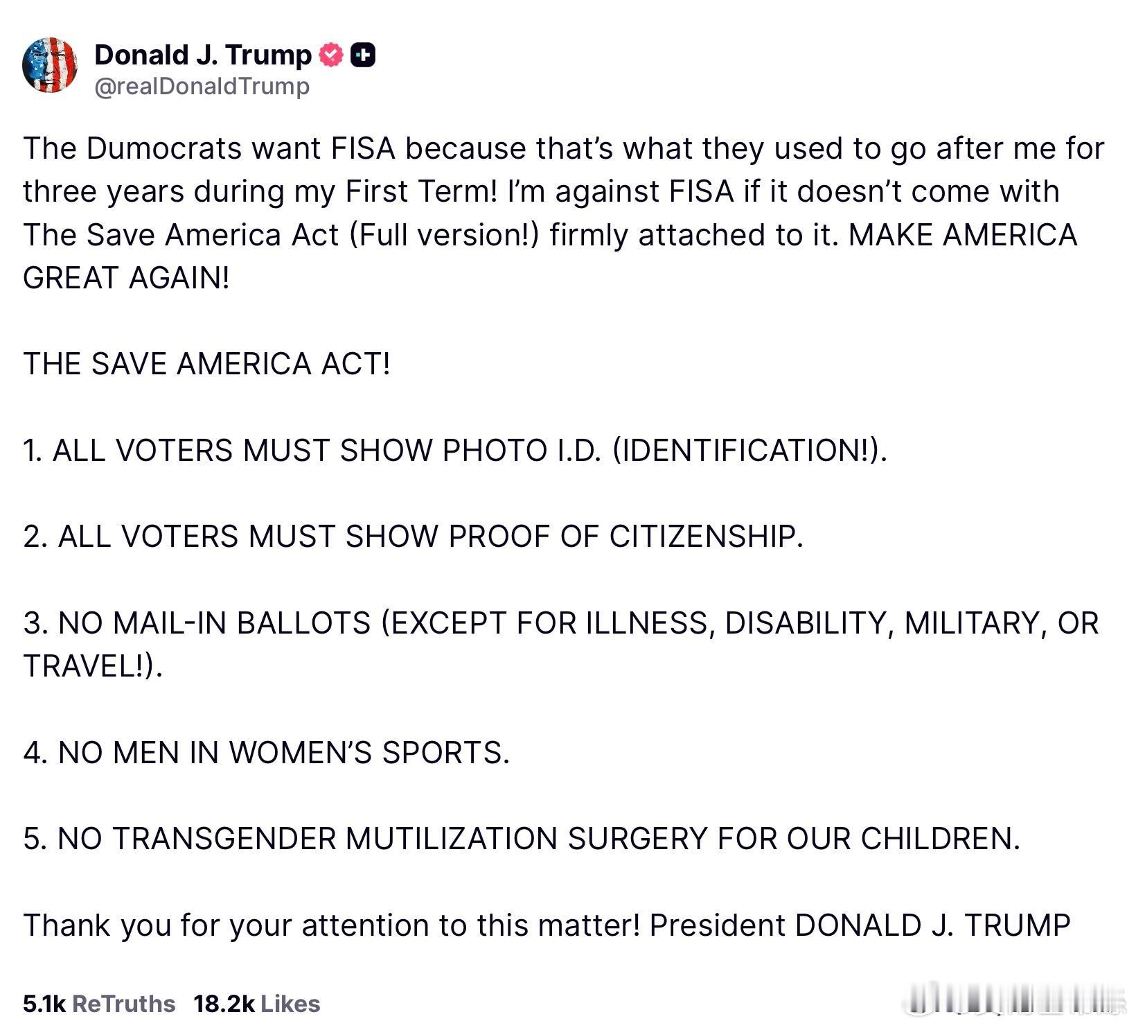 愚蠢的民主黨人想要（通過）《外國情報監聽法》（FISA），因為這就是他們在我第一