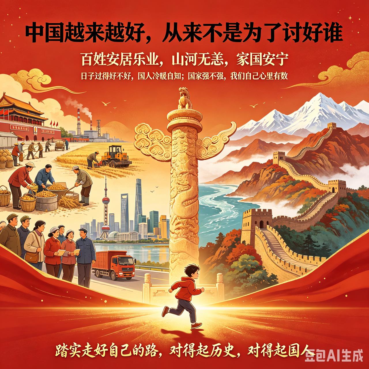 中国越来越好，从来不是为了讨好谁，更不是为了换取外国人的一句认可。
 
我们奋斗