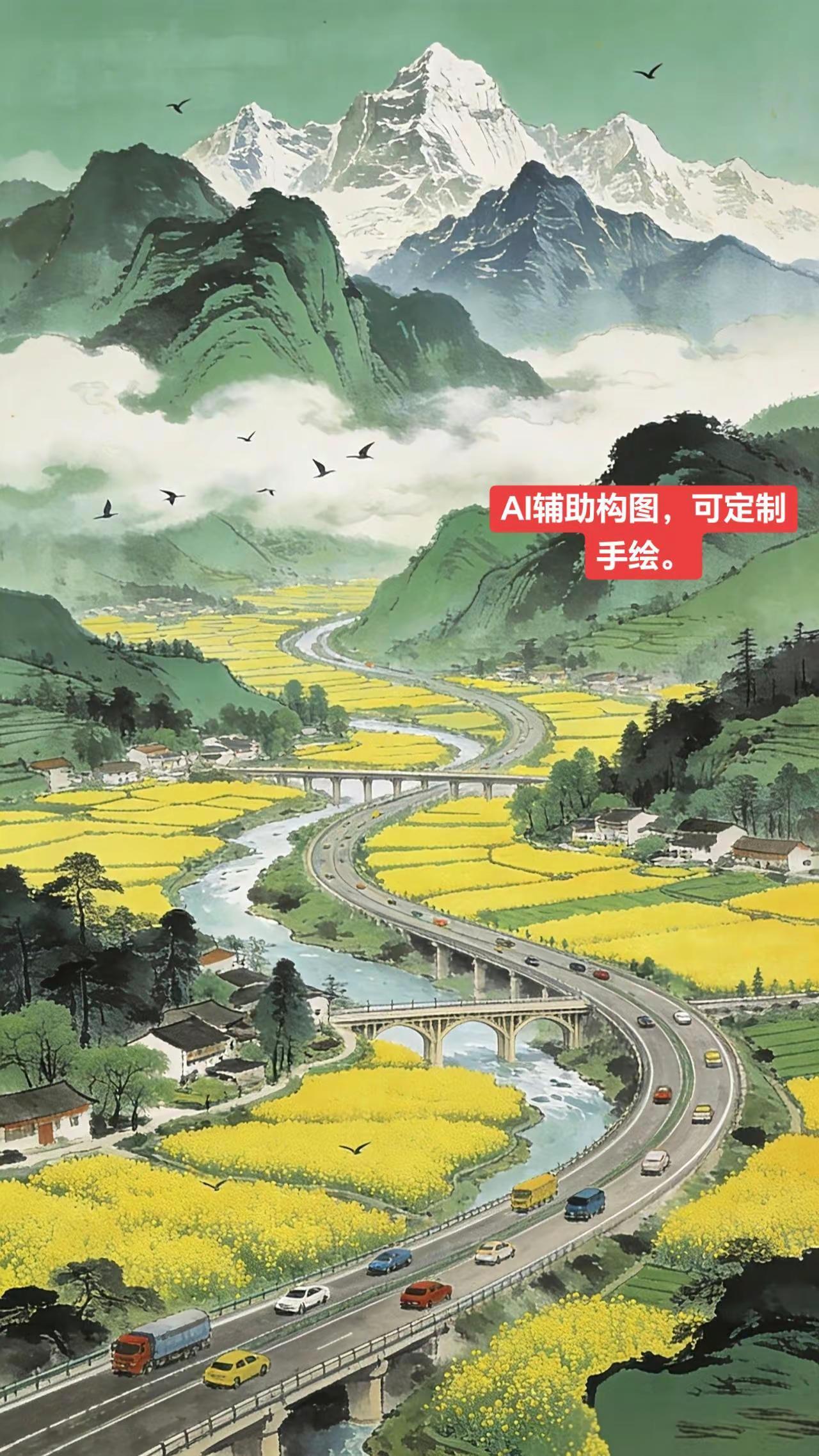 AI辅助构图，可定制手绘。山水定制创作者中心 创作灵感 田间山水画 治愈系山水画