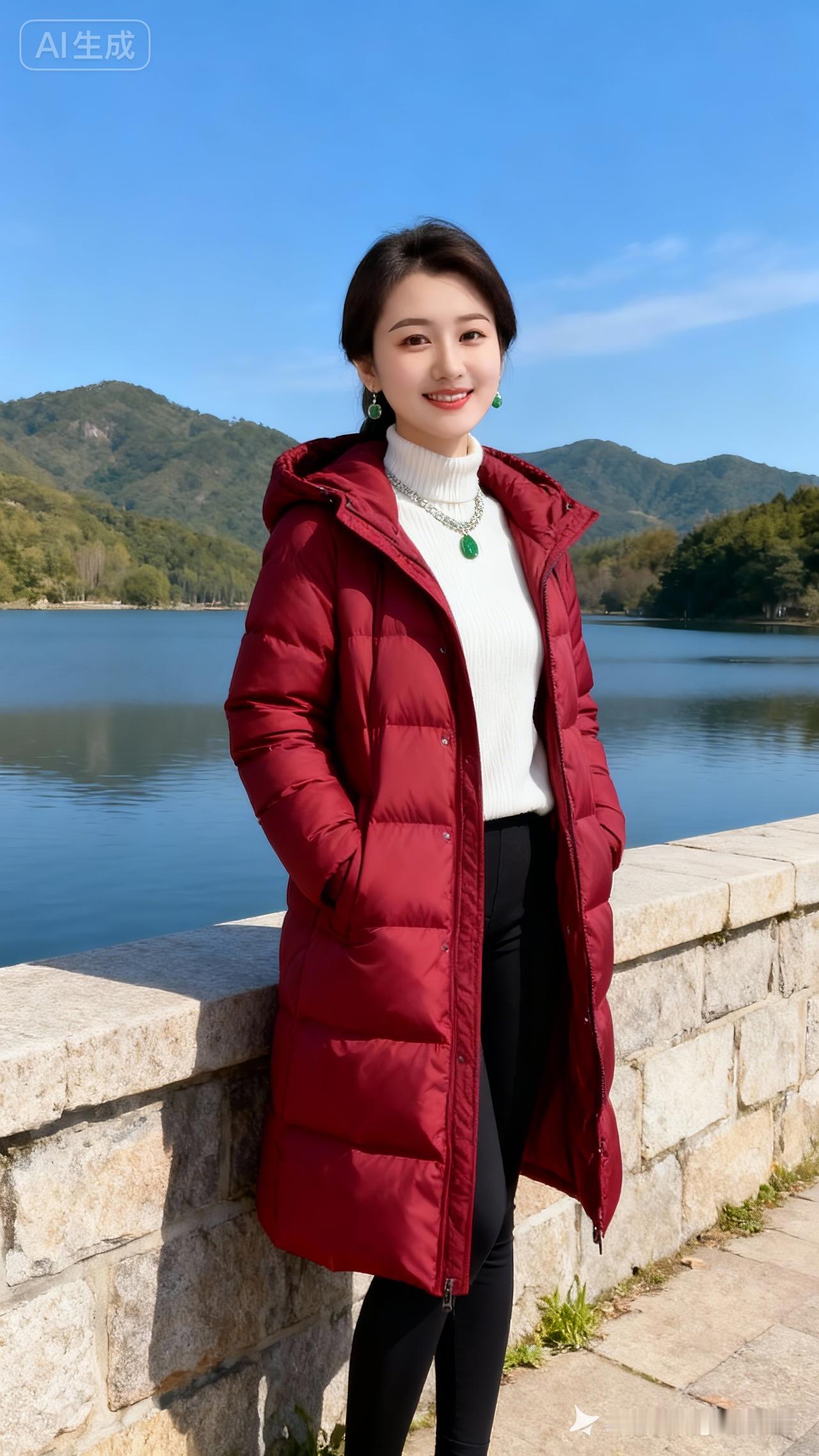 冷白皮绝色佳人立石栏旁，酒红长款羽绒服配白高领毛衣、黑紧身裤，绿项链耳环夺目。湖