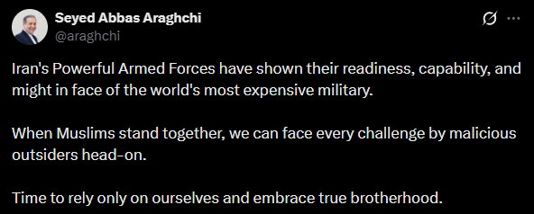 伊朗外交部长阿巴斯·阿拉格奇：伊朗强大的武装部队在面对世界上最昂贵的军队时，展现