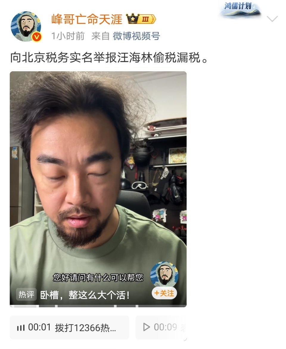 来吃瓜，有博主“峰哥亡命天涯”向北京税务实名举报汪海林偷税漏税。峰哥实名举报汪海