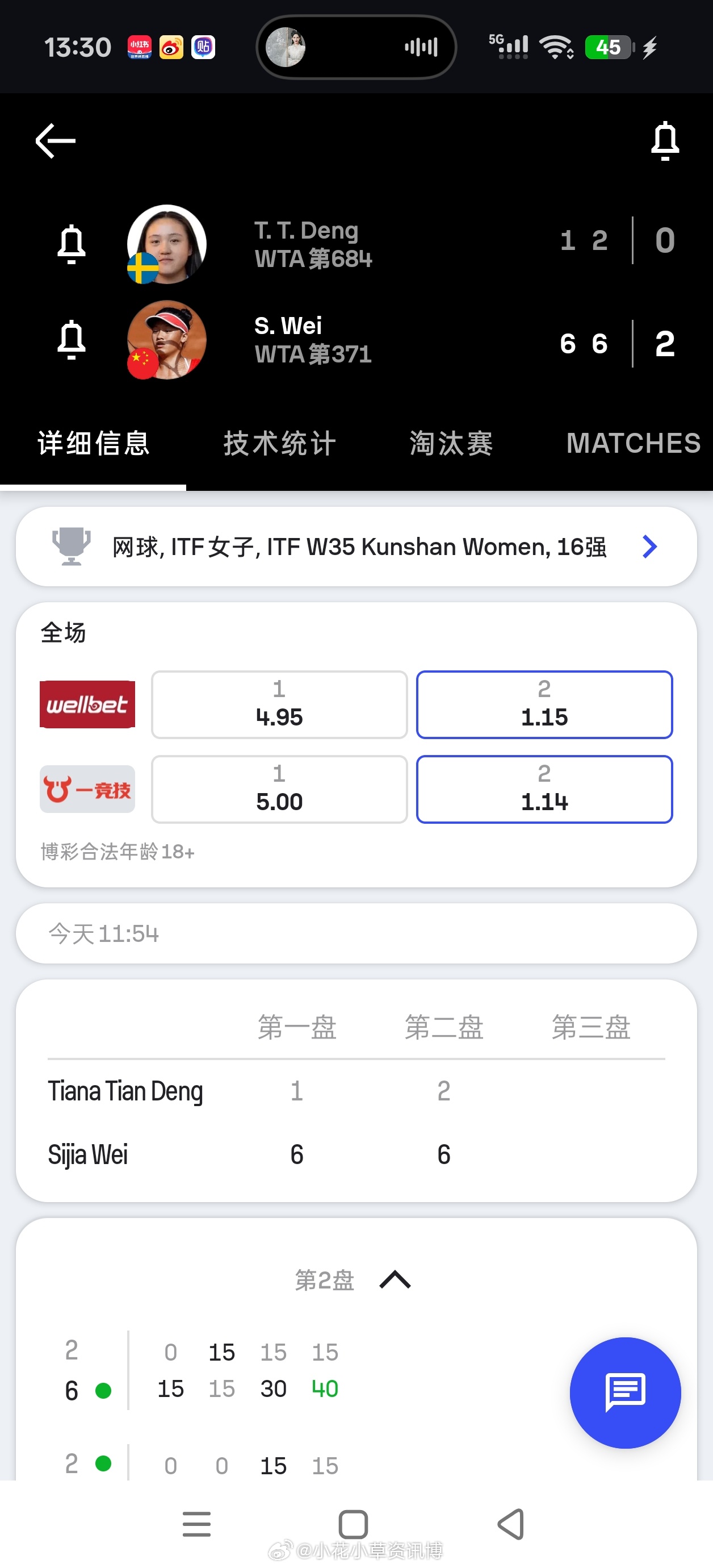 【🇨🇳昆山W35】女单第二轮🇨🇳韦思佳6-1/6-2 🇸🇪球员邓雨甜