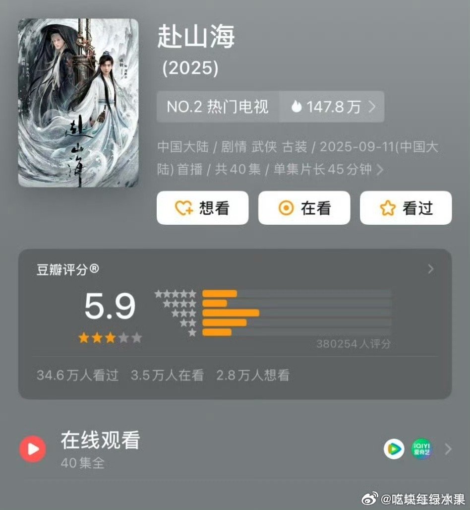 我去 成毅的赴山海高达38万人评分 这是不是真的爆了 ​​​