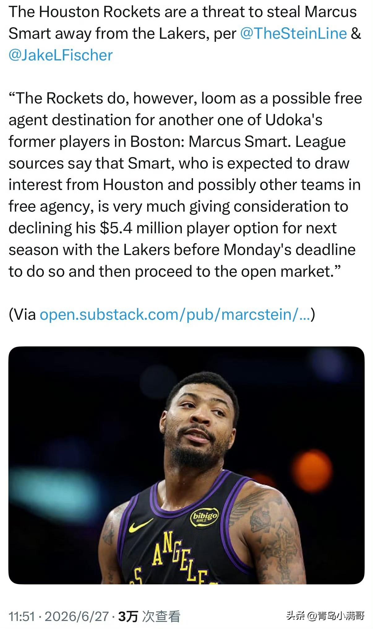 湖人后院失火！！！火箭有望截胡斯玛特！

根据记者Marc Stein最新消息透