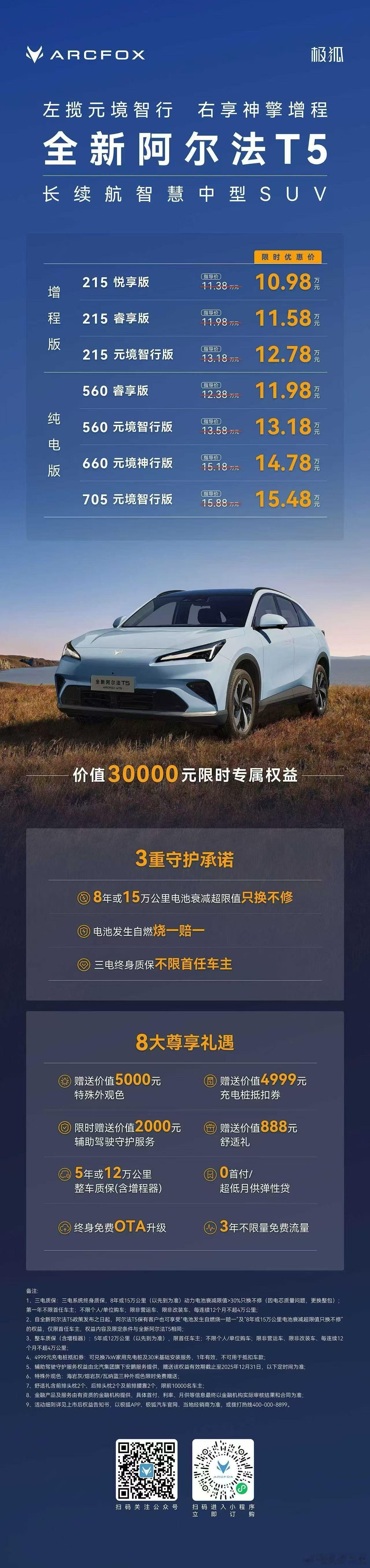 极狐阿尔法T5指导价11.98-16.78万，车展季限时优惠至高3.5万元，增程