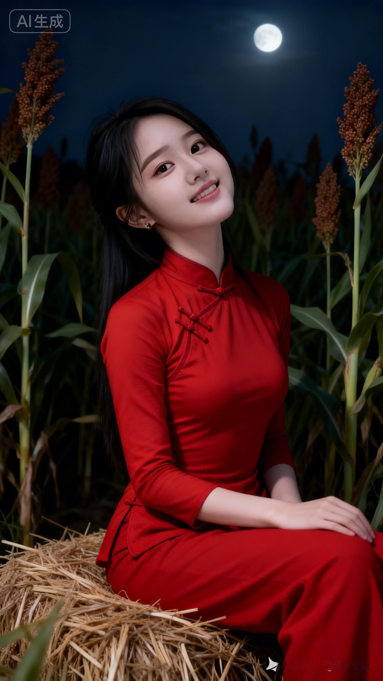 月夜下的红衣少女，与田野相伴的宁静时光。