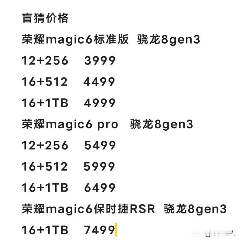 盲猜#荣耀Magic6# 价格：

荣耀Magic6标准版骁龙8Gen3:

1