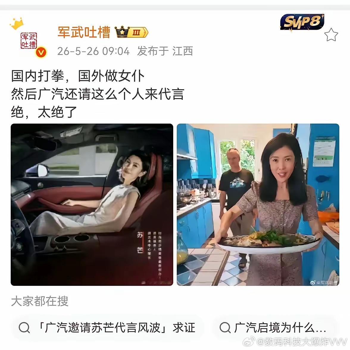 “法兰西第一女仆”是网友对苏芒的讽刺称呼，因她国内外形象反差超级大，国内是女精英