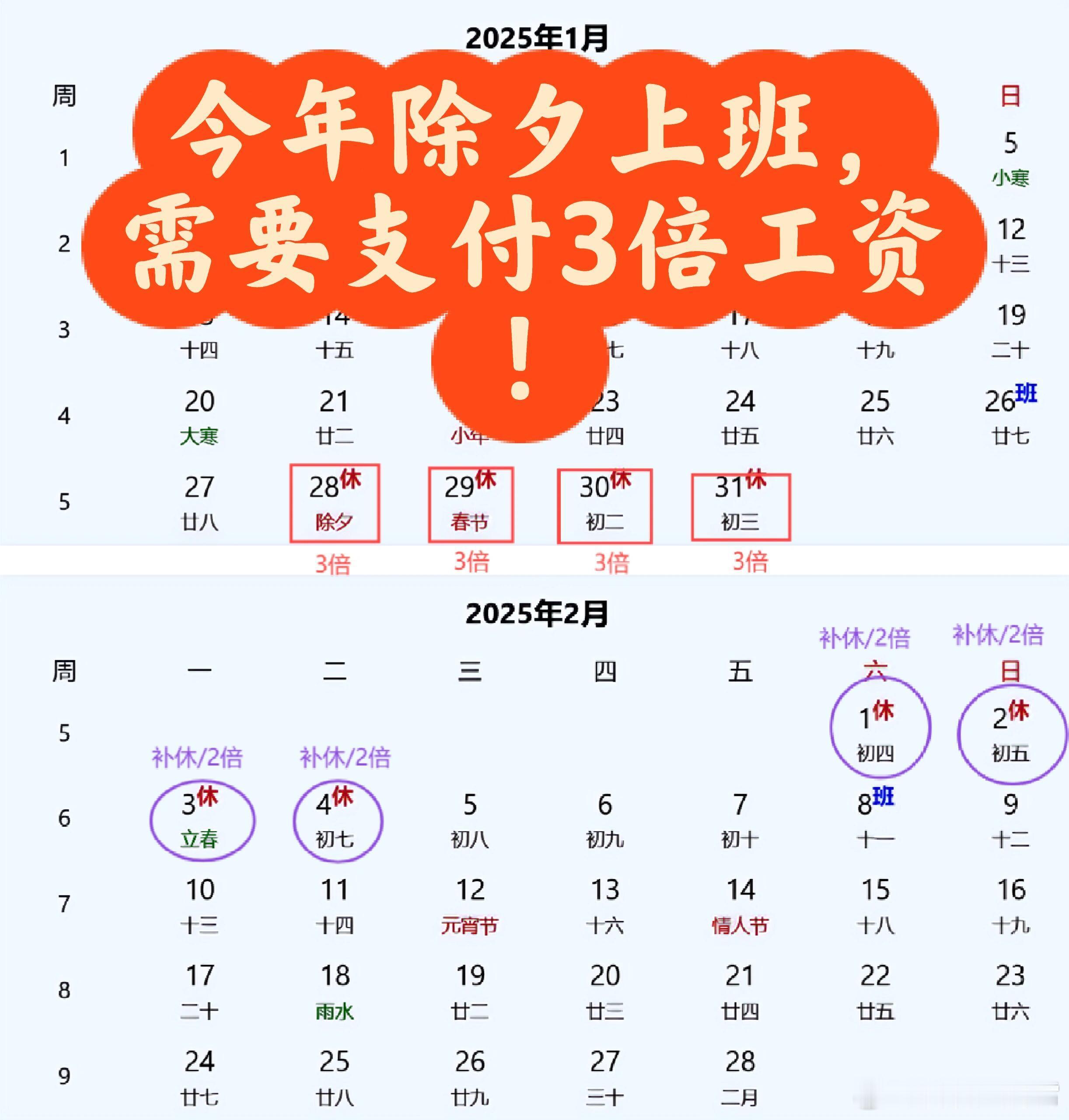 除夕到初三加班不能用事后调休替代 实际上一直都是这么规定的，从今天除夕一直到初三