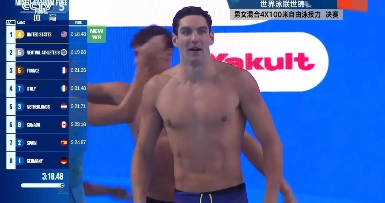 美国队打破世界纪录，获得男女混合4*100自由泳接力冠军！

2025新加坡世界