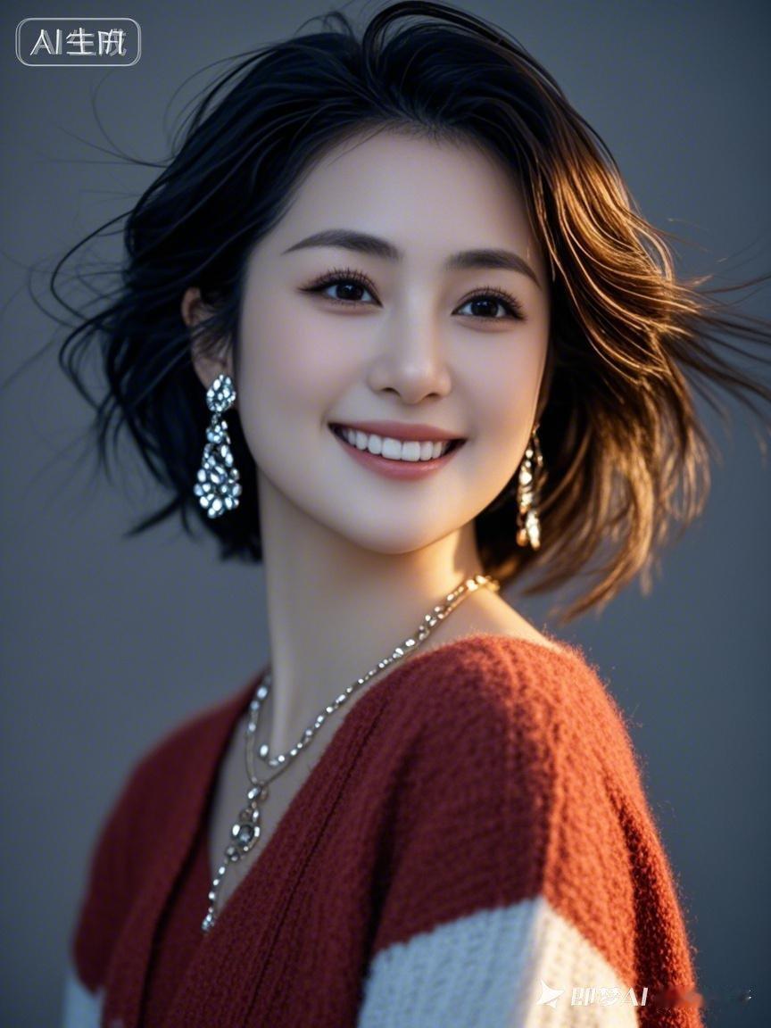 甜美笑容，温柔发丝，闪耀耳环，温暖毛衣，完美女神！🌟✨