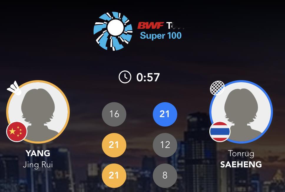 杨菁蕊🇨🇳 16-21、21-12、21-8 🇹🇭托鲁格正赛：杨菁蕊🇨