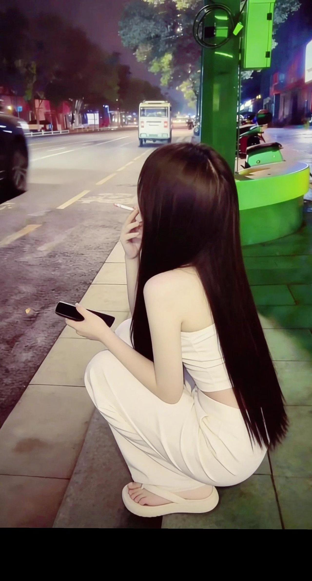 走在街头的女孩 夜晚路灯下的女孩