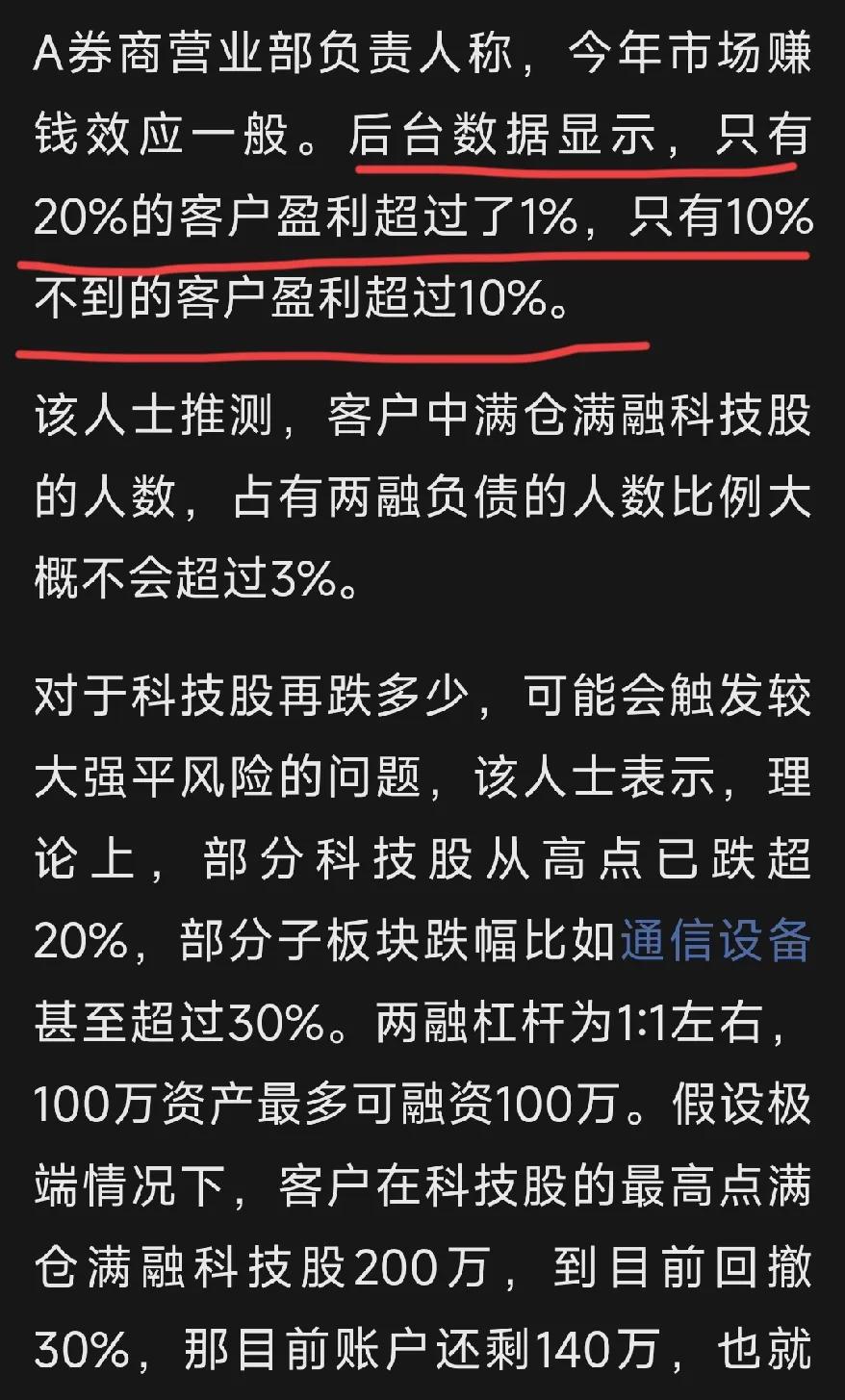 “A券商营业部负责人称，今年市场赚钱效应一般。后台数据显示，只有20%的客户盈利