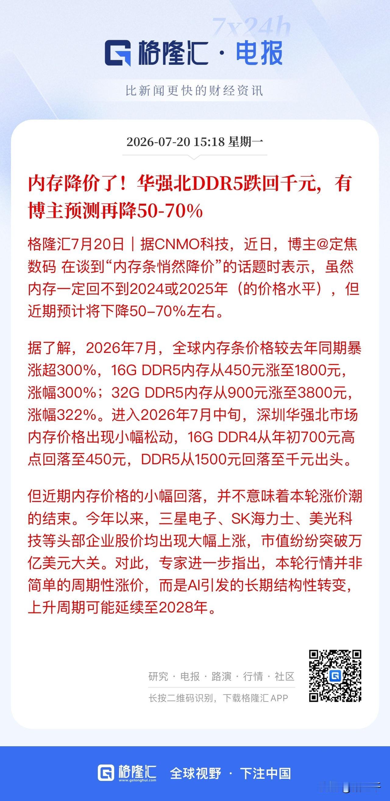 存储芯片盘后利空主要集中在：
DDR4、DDR5成熟制程，
消息面上来自华强北内