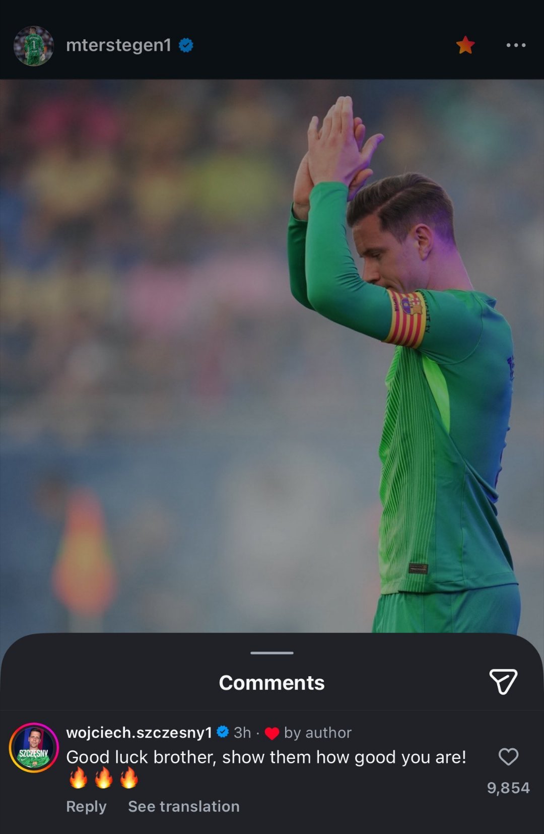 什琴斯尼评论特尔施特根告别巴萨帖子：祝你好运，兄弟，让他们见识见识你的厉害🔥布