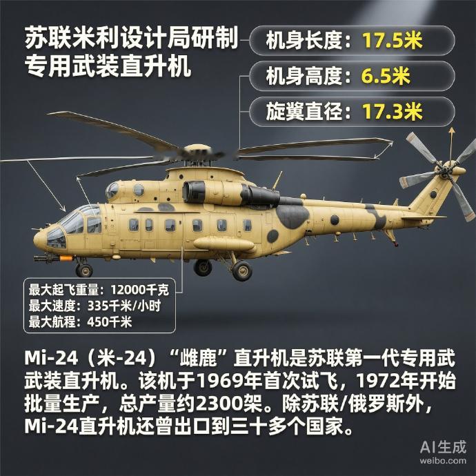 军事ai新视野 苏联/俄罗斯Mi-24“雌鹿”直升机机身长度：17.5米机身高度