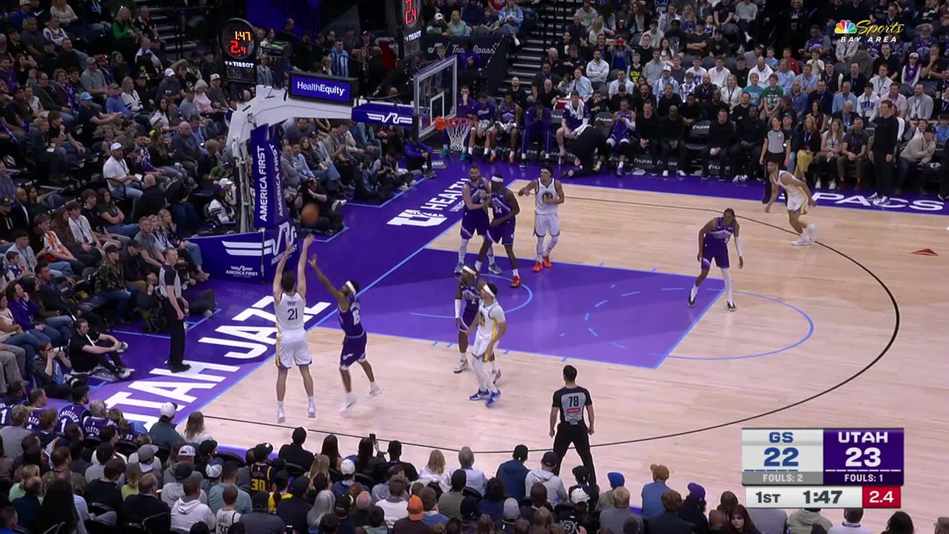 赛斯-库里助攻，波斯特三分入账👌勇士反超比分，25:23打停对手.勇士vs爵士