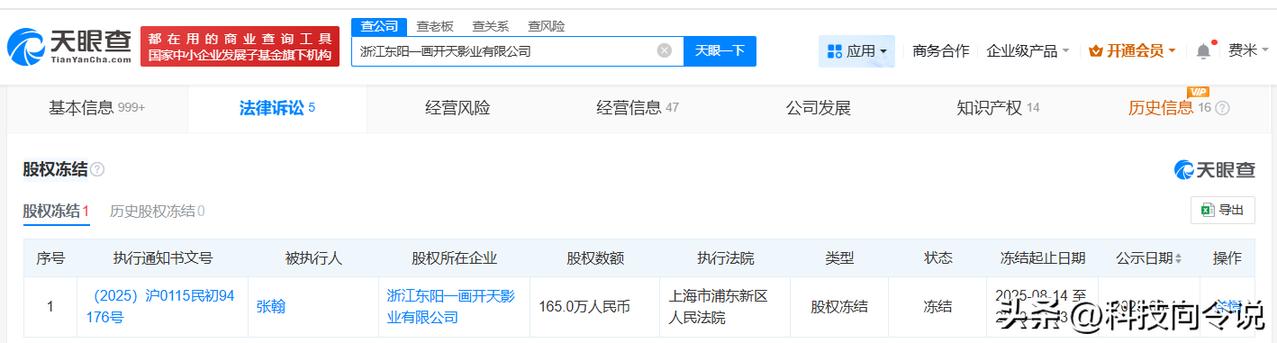 【演员张翰被冻结165万股权 演员张翰所持165万股权被冻结】
天眼查天眼风险信