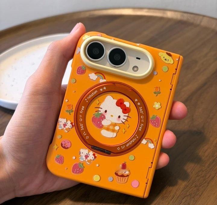 橙黄拼色草莓KT iPhoneDuo弹簧中轴360旋转支架折叠手机壳 · 橙黄草
