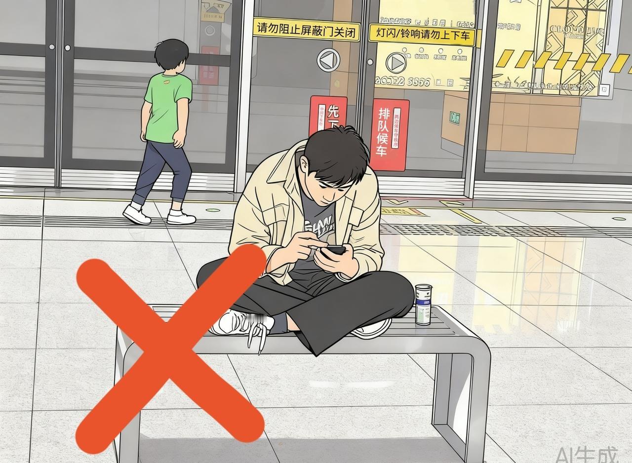 请勿盘腿占座。公共座椅需守礼，文明出行共守护。