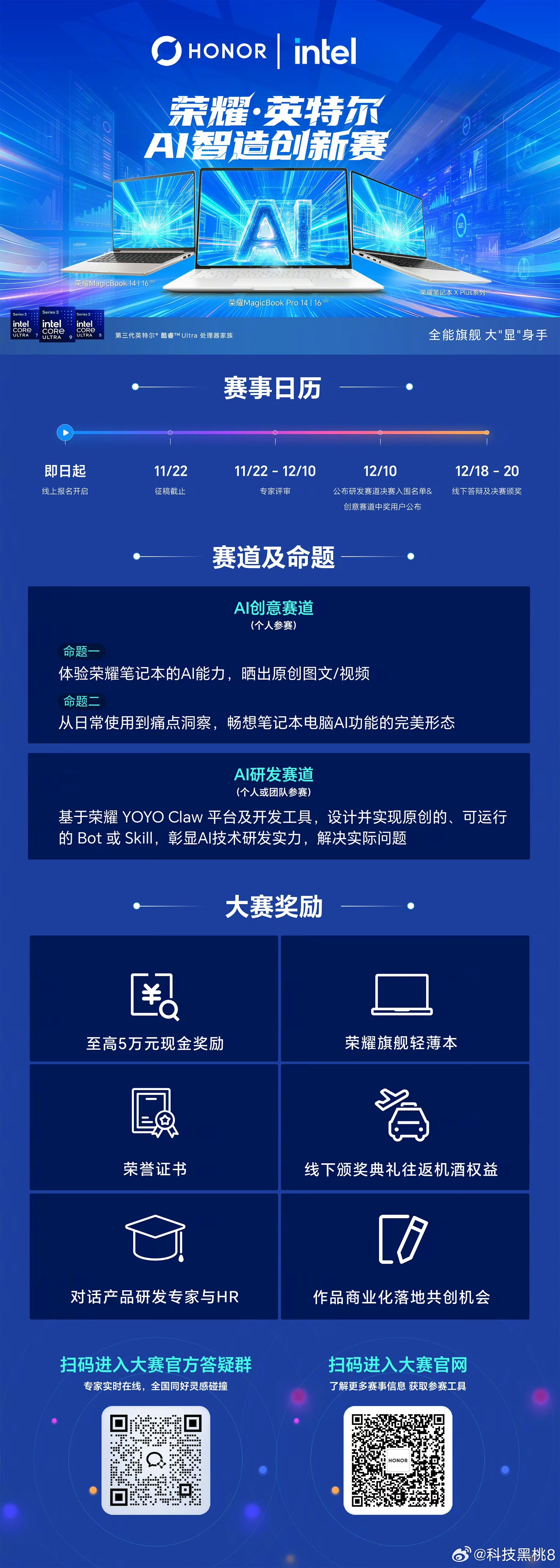 荣耀联合英特尔中国，荣耀英特尔AI智造创新赛正式启动！面向全国同学，分为AI创意