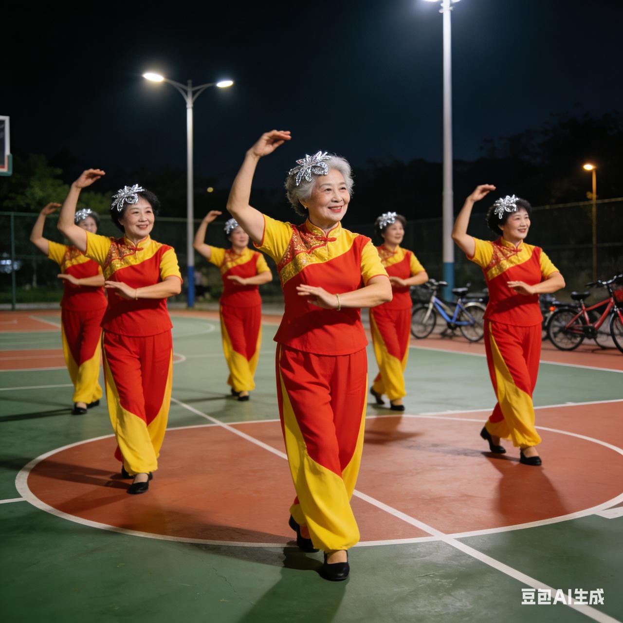 午后的阳光真好，操场上有一群阿姨正在打鼓和跳舞。

阿姨们的年龄都在50以上了，