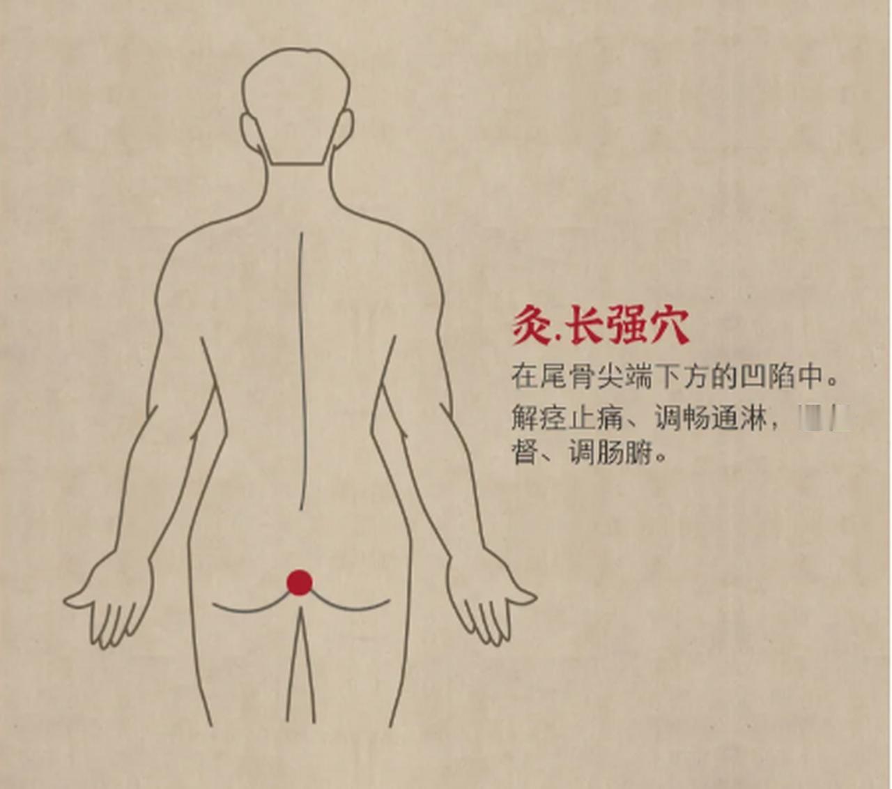 第121穴长强穴
 
标准位置：会阴区，尾骨端与肛门连线的中点；取穴宜胸膝位/跪