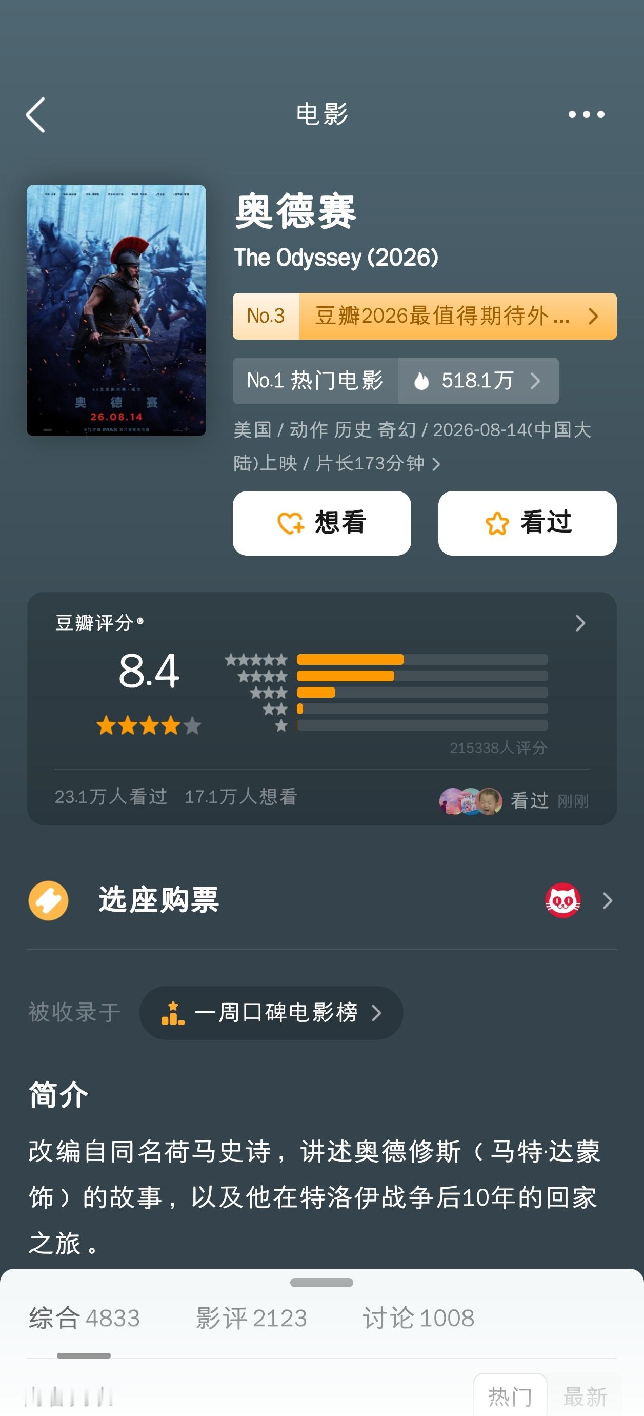 上映第三天，奥德赛豆瓣评分人数破20万，诺兰不愧是豆瓣影迷最多的导演。 