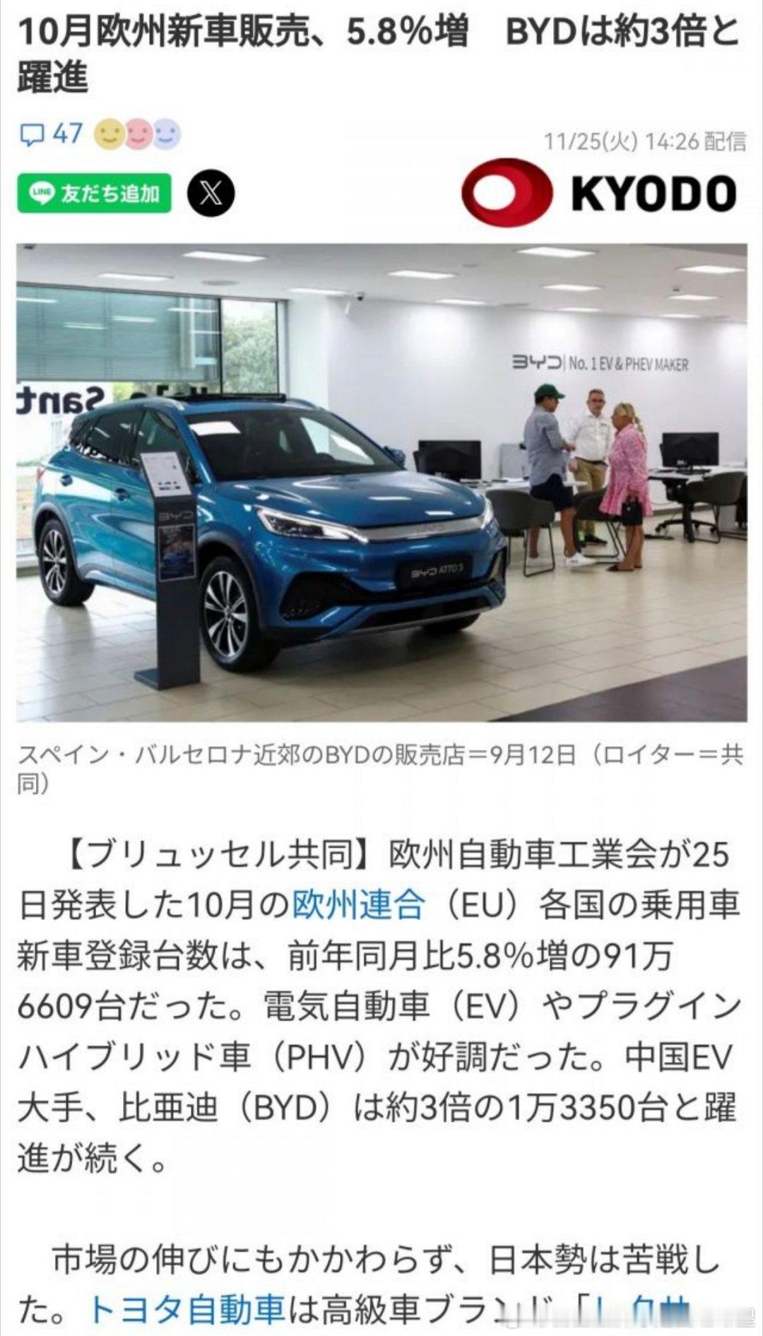 日媒报道 日本汽车欧洲陷入苦战                byd欧洲大涨三倍