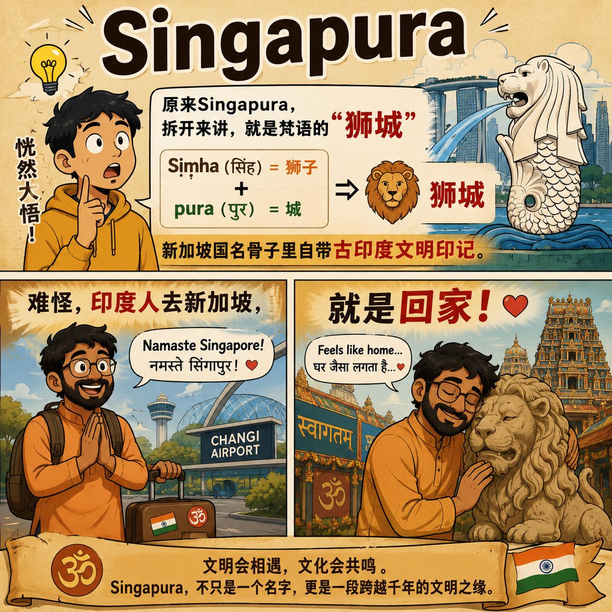 印度人到新加坡如同回家，不是没有道理的！

Singapura，来自古印度语（梵