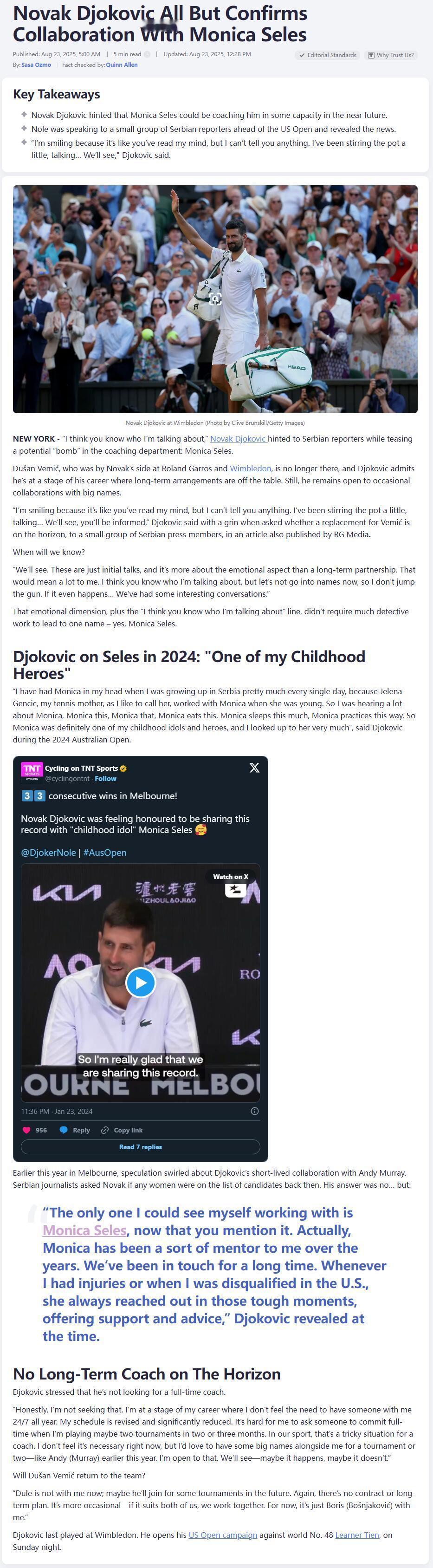 莫妮卡·塞莱斯会在不久的将来执教小德？？[傻眼] 据塞媒记者奥兹莫透露，小德正在