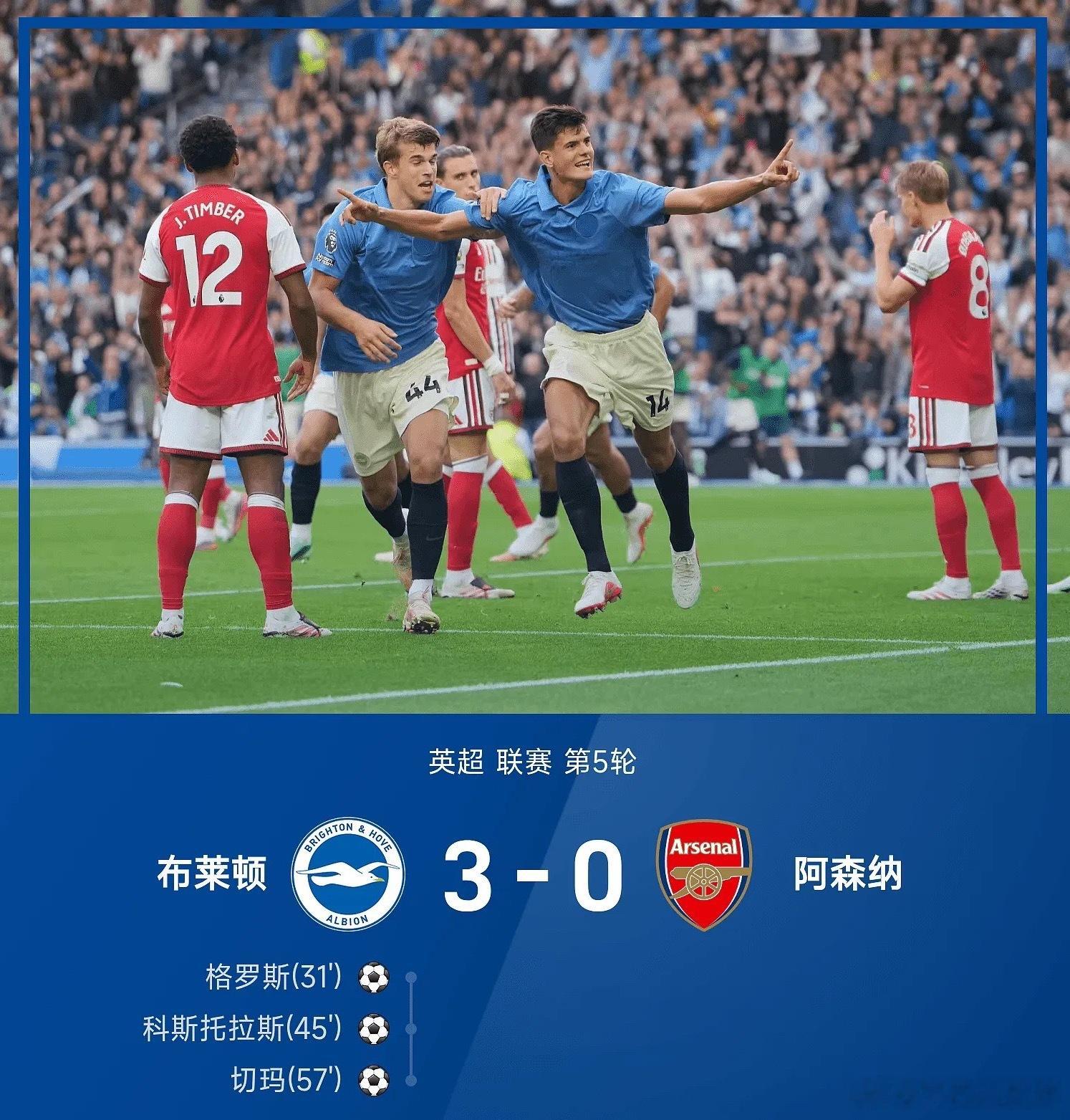 英超战报：格罗斯&科斯托拉斯均传射，布莱顿3-0阿森纳布莱顿vs阿森纳布莱顿3比