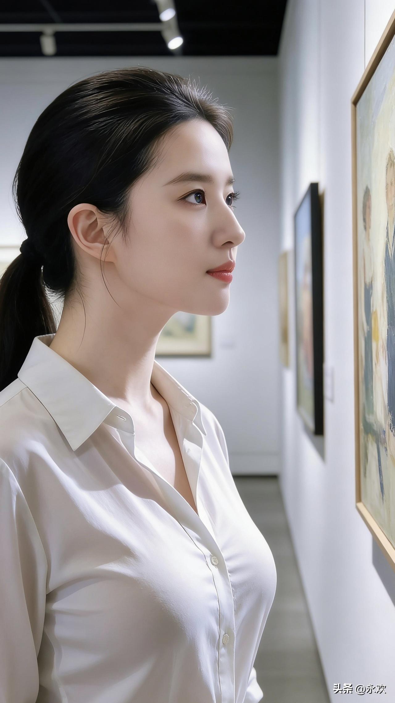 浅米色衬衫衬着展厅的白墙，她站在画前，目光与画布上的色彩轻轻触碰。美术馆里的空气