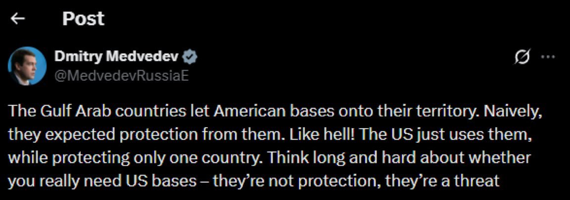 梅德韦杰夫开启群嘲模式：海湾阿拉伯国家让美国在自己领土上建军事基地，本来天真地以