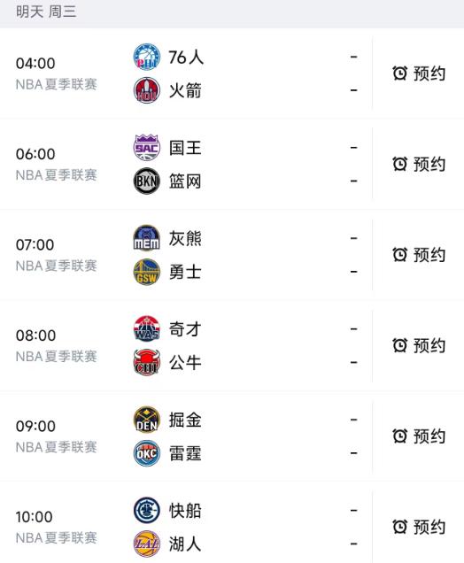 北京时间7月15日，明天的NBA夏季联赛继续进行，一共安排了6场比赛：

04：