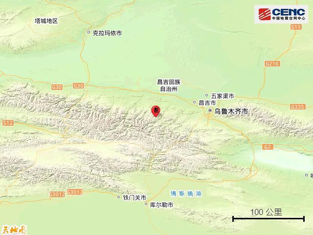 呼图壁县南山地震4.8级，早晨在新疆托克逊县城都感觉到了，查了一下直线距离215