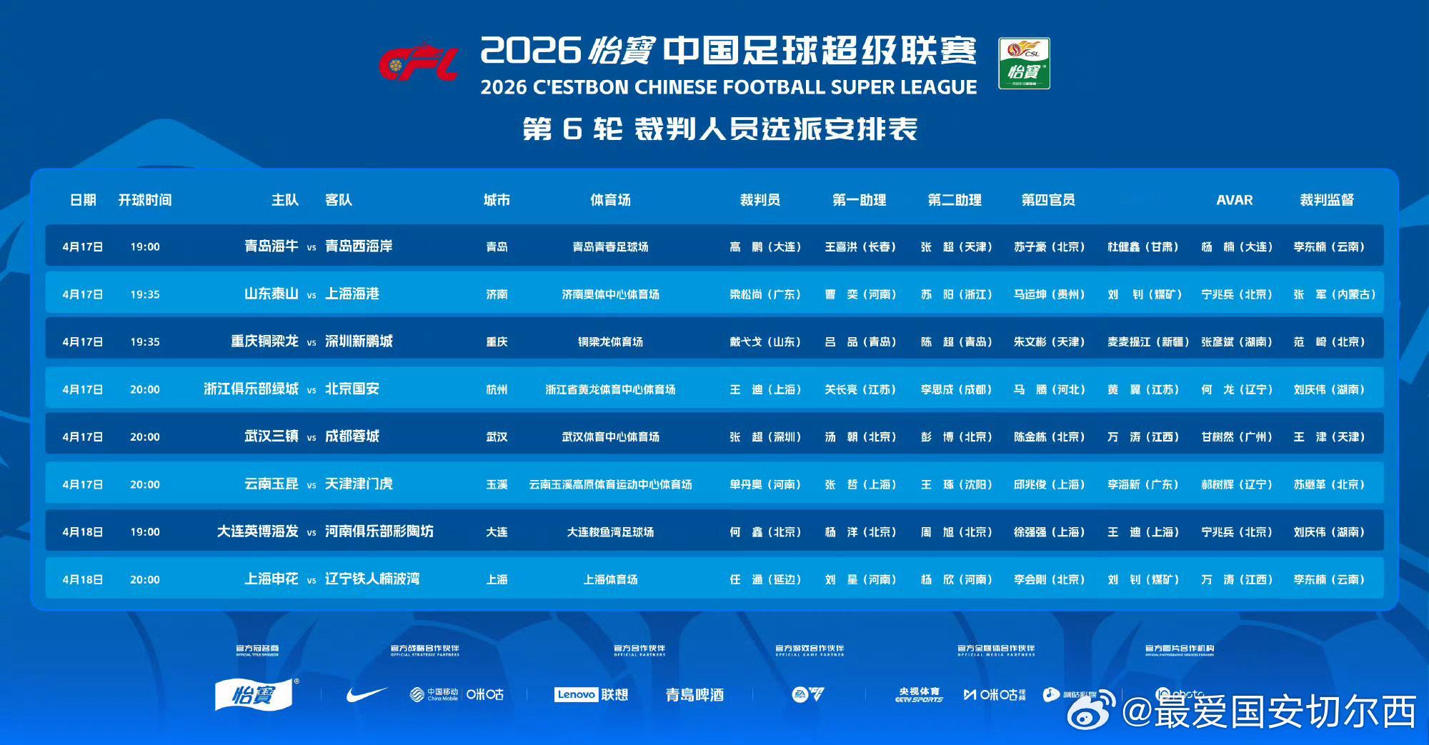 【中超第6轮 浙江 VS 国安 裁判信息】  国安联赛第六轮客场同浙江的比赛主裁
