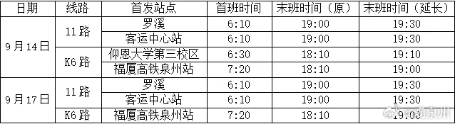 #泉州公交多条线路延长运营时间# 9月14日至9月17日共对2条线路延长末班服务