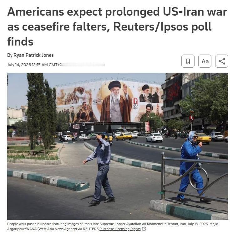 🇺🇸🇮🇷⚡️— 根据路透社/益普索的调查显示，五分之四的美国人预计美国与