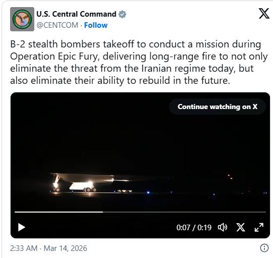 远程奔袭，美军罕见出动两架B-2轰炸机
美国中央司令部周五称，美军派遣两架B-2