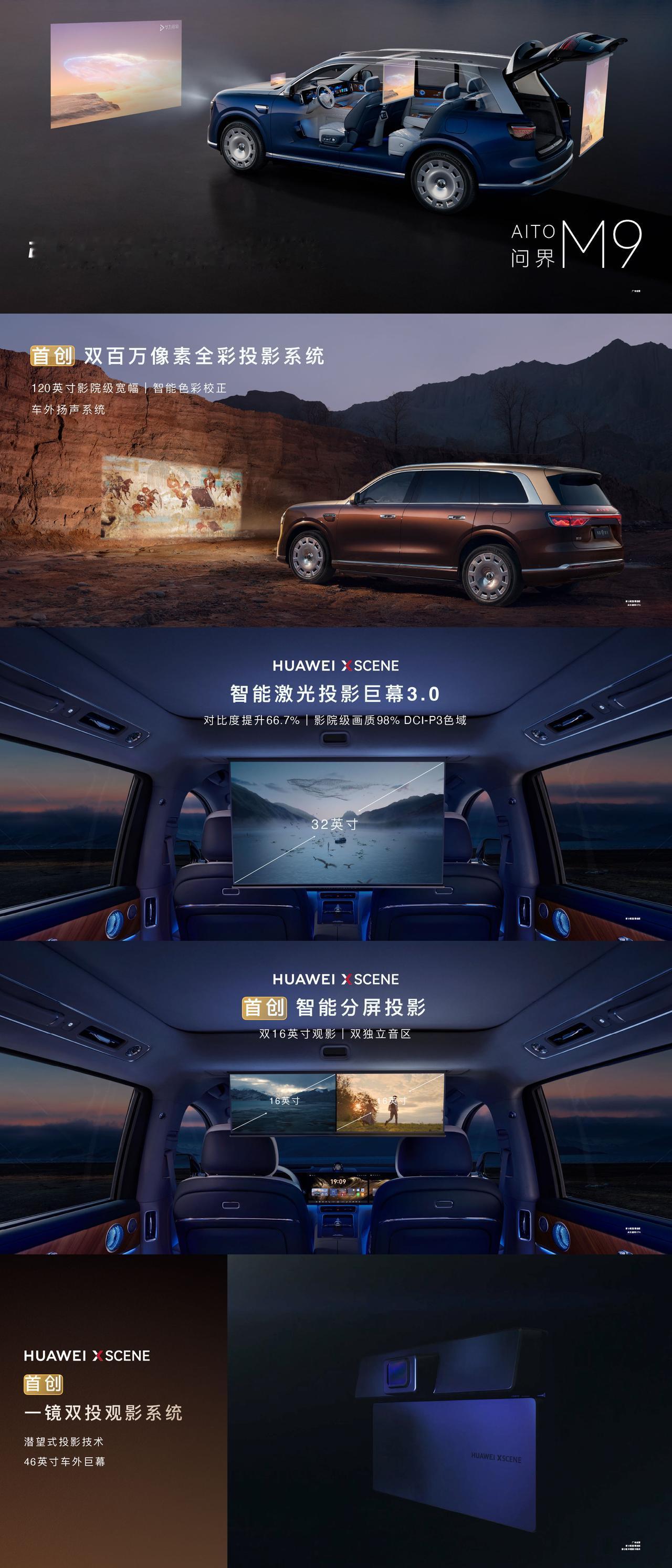 问界M9以顶级影音配置，打造移动沉浸式影院。首创双百万像素全彩投影大灯、智能激光