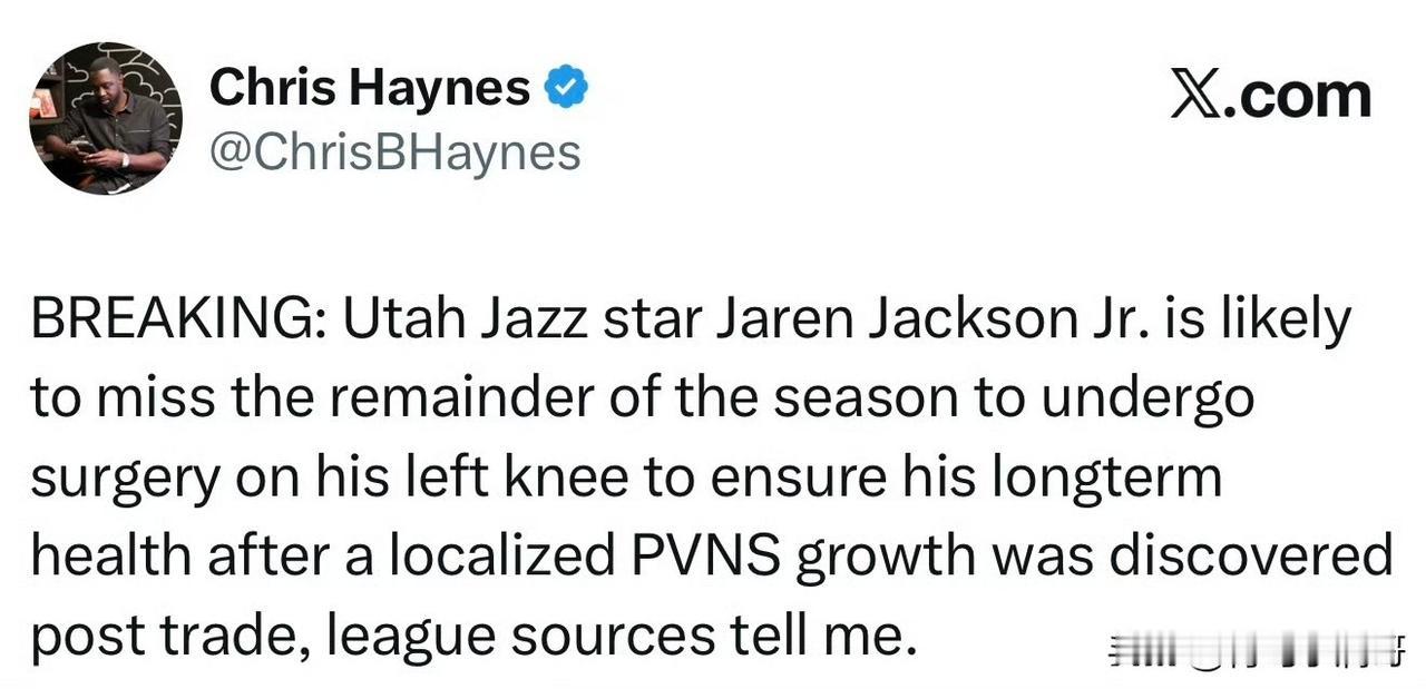 突发！！！小贾伦-杰克逊预计将赛季报销！

根据记者Chris Haynes最新