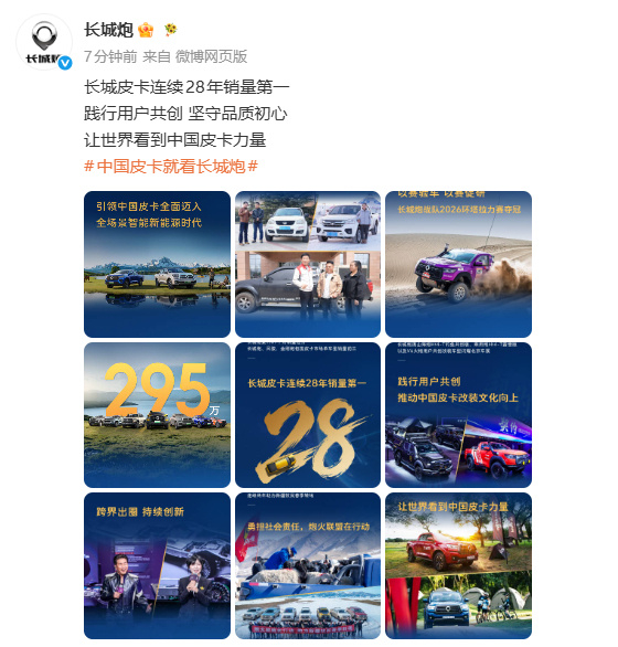 长城皮卡销量连续28年第一长城皮卡全球累计销量超295万辆7月8日，长城炮官方发