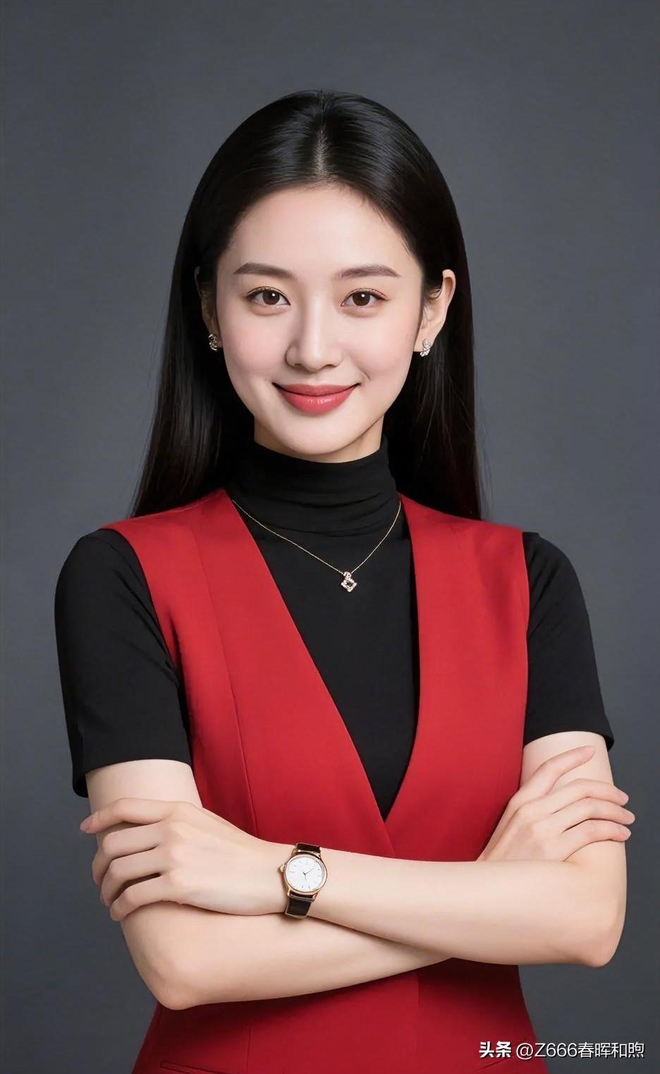 墨发如瀑，明眸流转温婉。红黑相映，勾勒出自信的轮廓。双臂交叠间，从容绽放，宛如暗