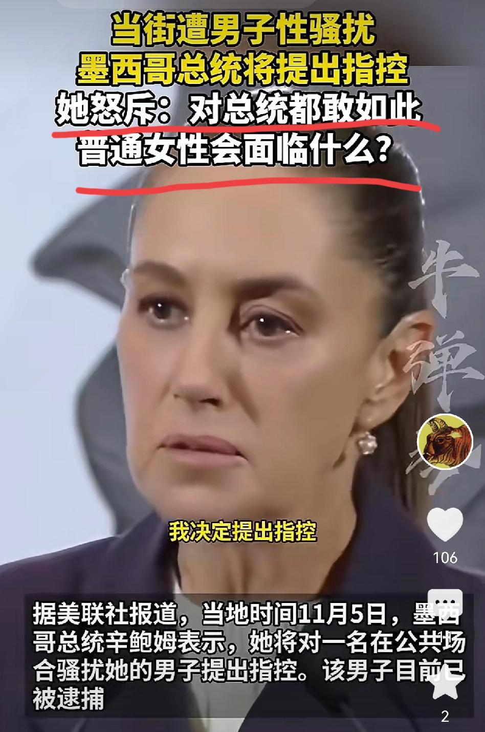 当街遭到男子性骚扰的墨西哥女总统，决定对该男子提出指控！

她解释说，自己作为总